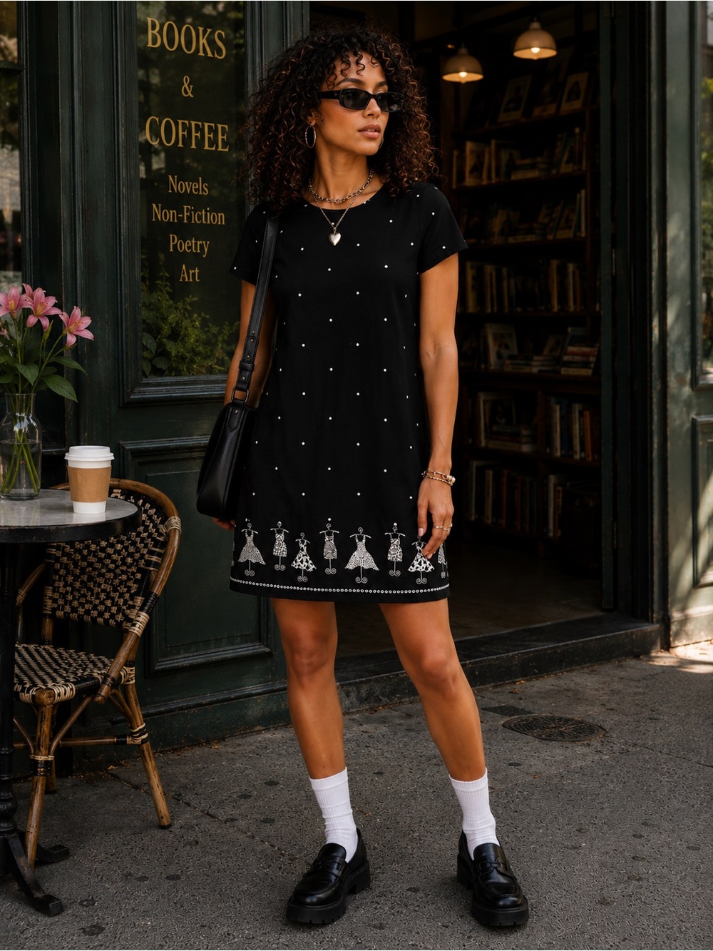 NOTATIONS Embroidered Midi Dress Size M B&W Eclectic Artsy Casual Comfy Boxy 90s